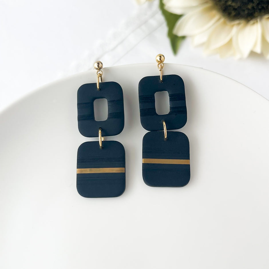 Black Modern Dangle Earrings | Handmade Polymer Clay Jewelry | Geometric Clip-On Earrings