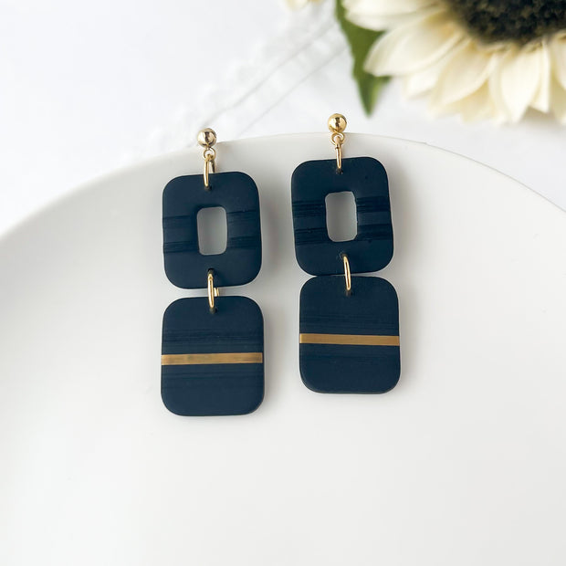 Black Modern Dangle Earrings | Handmade Polymer Clay Jewelry | Geometric Clip-On Earrings