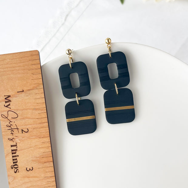 Black Modern Dangle Earrings | Handmade Polymer Clay Jewelry | Geometric Clip-On Earrings