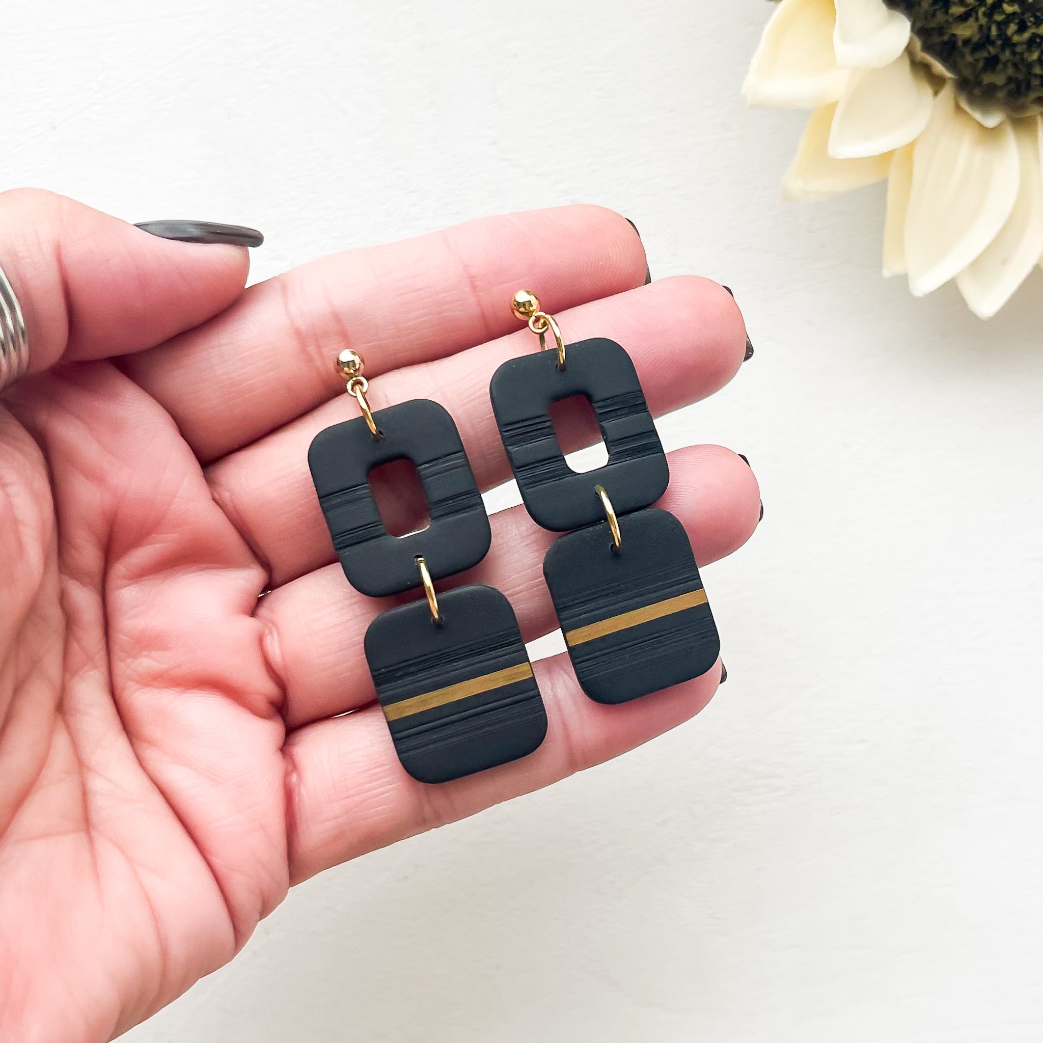 Black Modern Dangle Earrings | Handmade Polymer Clay Jewelry | Geometric Clip-On Earrings