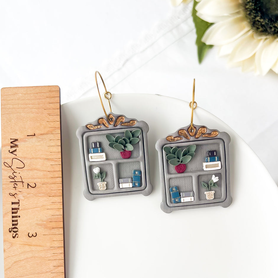 Handcrafted Vintage Bookshelf Hoops | Unique Handmade Statement Earrings | Trendy Boho Chic Artisan Jewelry | Clip-On Earring Option