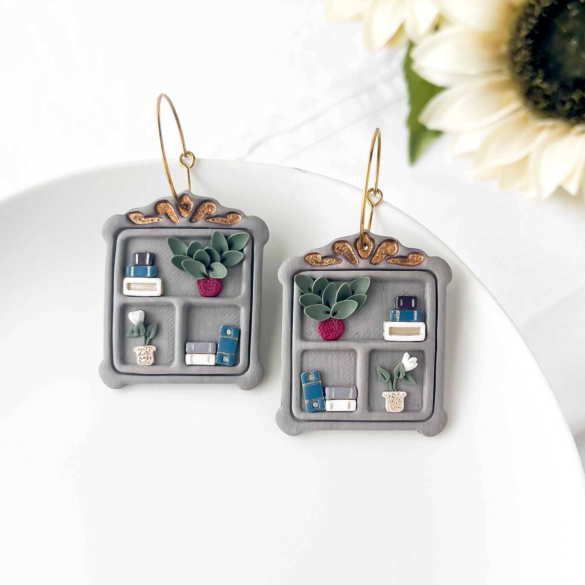 Handcrafted Vintage Bookshelf Hoops | Unique Handmade Statement Earrings | Trendy Boho Chic Artisan Jewelry | Clip-On Earring Option
