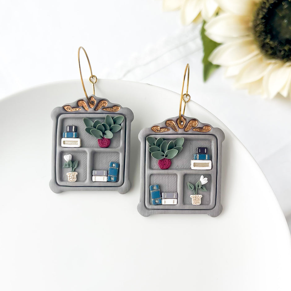 Handcrafted Vintage Bookshelf Hoops | Unique Handmade Statement Earrings | Trendy Boho Chic Artisan Jewelry | Clip-On Earring Option
