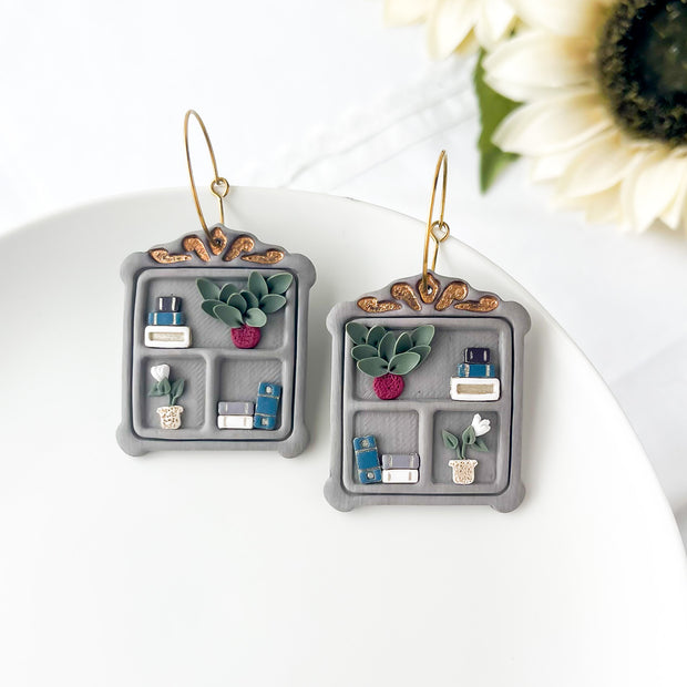 Handcrafted Vintage Bookshelf Hoops | Unique Handmade Statement Earrings | Trendy Boho Chic Artisan Jewelry | Clip-On Earring Option