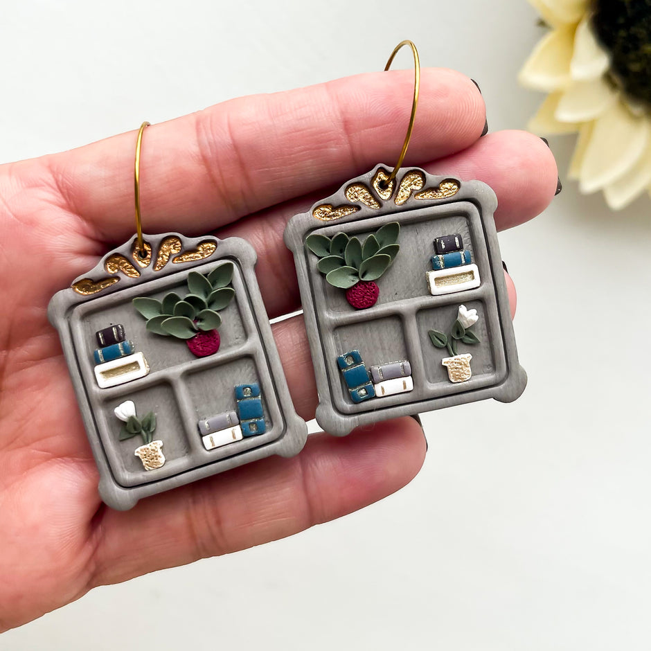 Handcrafted Vintage Bookshelf Hoops | Unique Handmade Statement Earrings | Trendy Boho Chic Artisan Jewelry | Clip-On Earring Option