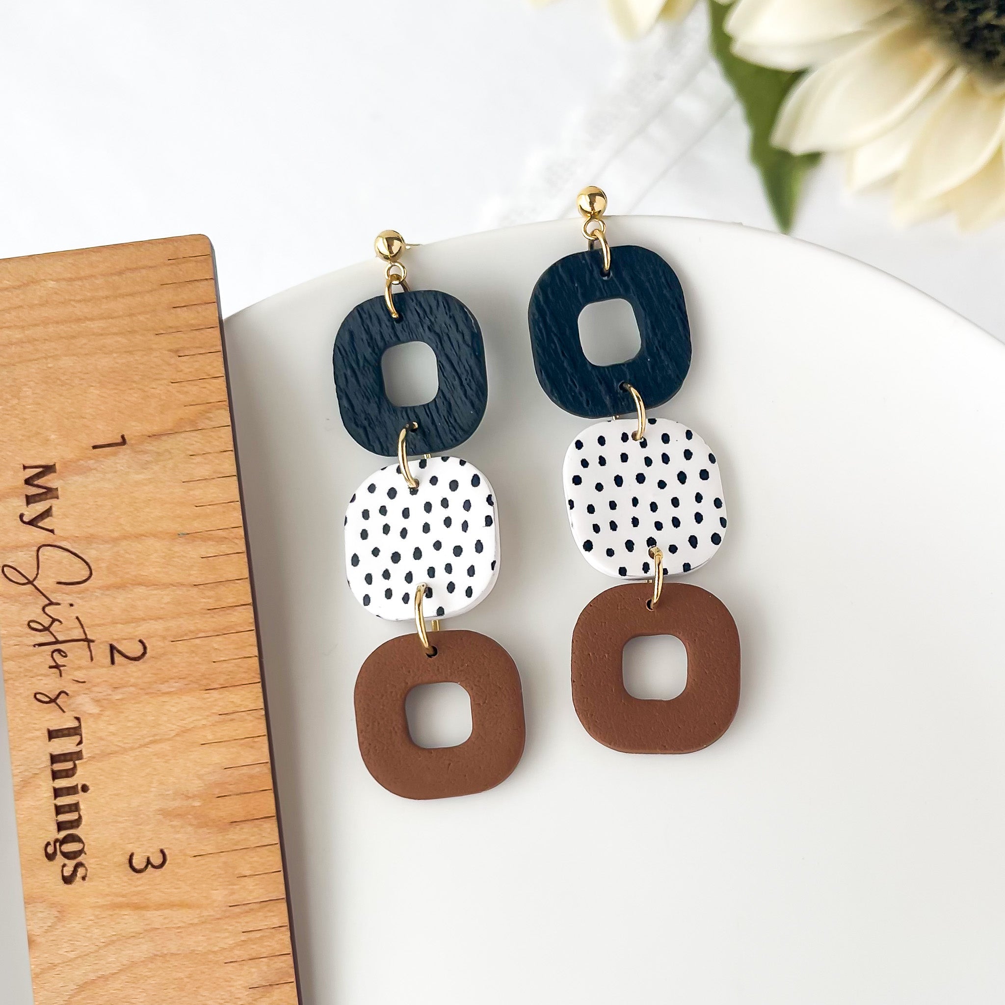 Square Trio Dangles Earrings | Polymer Clay Statement Jewelry | Clip-On Earring Option