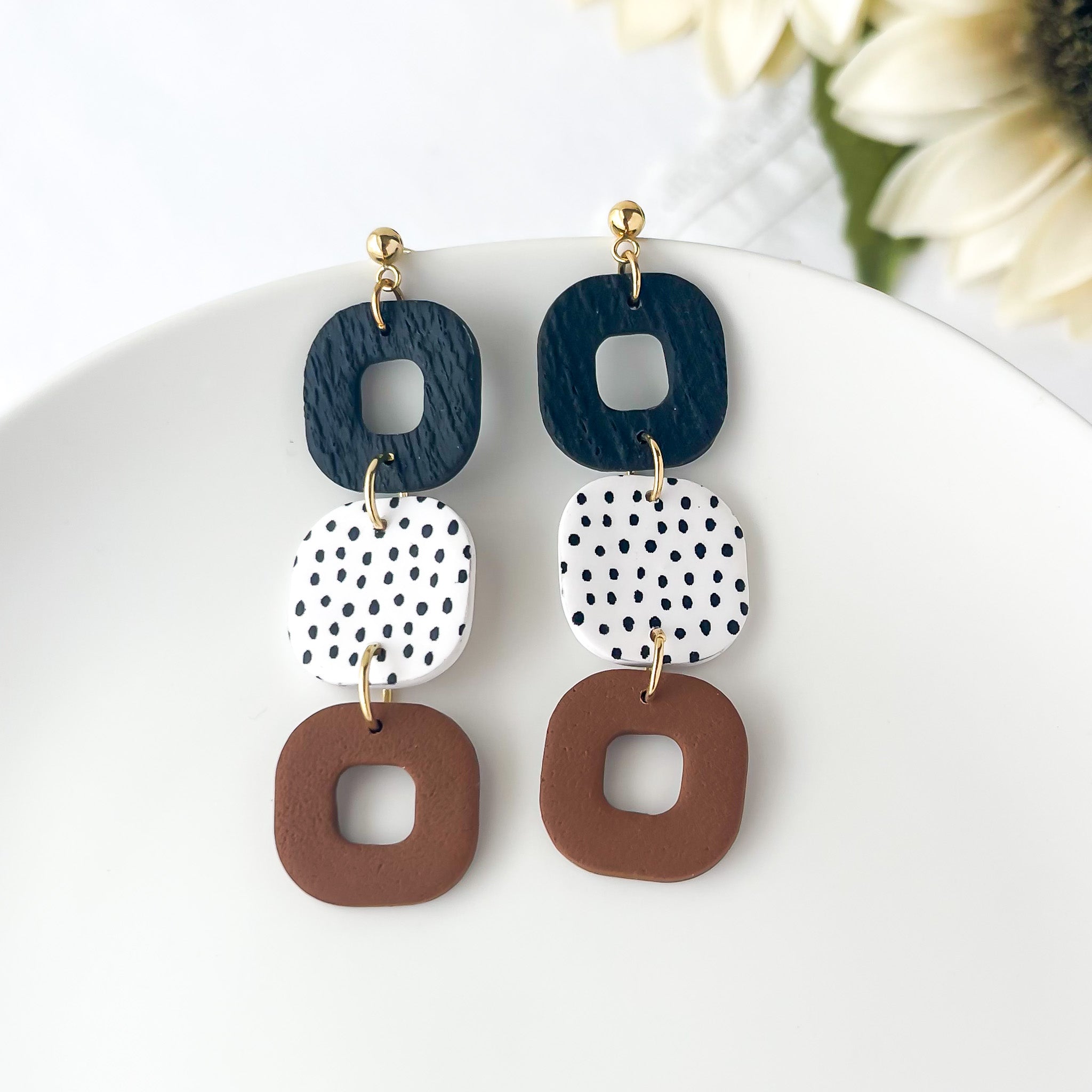 Square Trio Dangles Earrings | Polymer Clay Statement Jewelry | Clip-On Earring Option