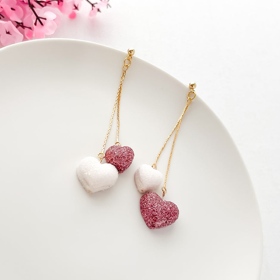 Handmade Heart Dangles | Unique Boho Chic Statement Earrings in Glitter Polymer Clay | Cute Clip-On Earrings