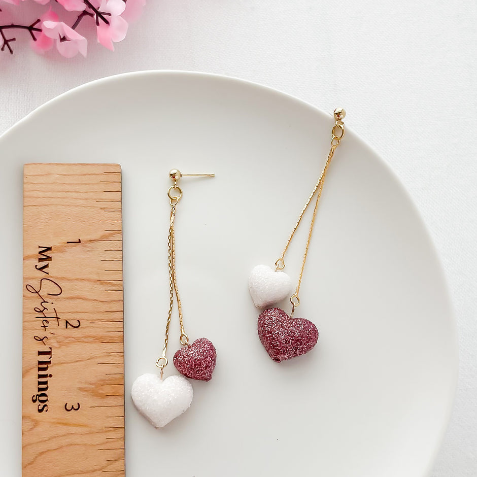 Handmade Heart Dangles | Unique Boho Chic Statement Earrings in Glitter Polymer Clay | Cute Clip-On Earrings