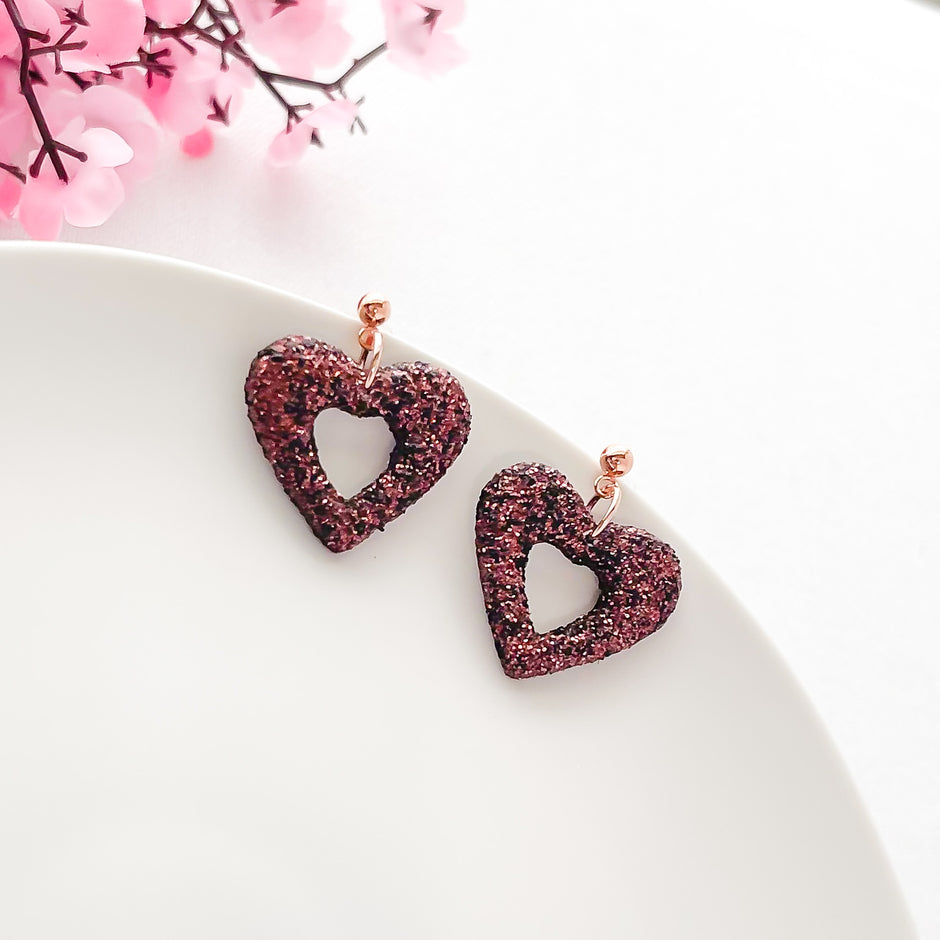 Handmade Rose Gold Heart Dangle Earrings | Unique Edgy Statement Jewelry