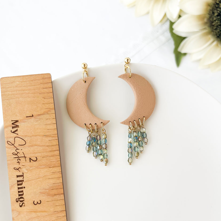 Celeste, Moon Dangle Earrings | Lightweight Polymer Jewelry | Handmade Clip-On Earrings Option