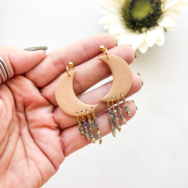 Celeste, Moon Dangle Earrings | Lightweight Polymer Jewelry | Handmade Clip-On Earrings Option