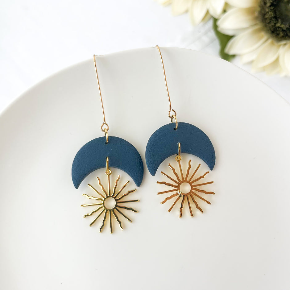 Midnight Sun Gold Crescent Moon Earrings | Unique Handmade Statement Jewelry | Edgy Boho Chic Design