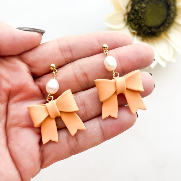 Peach Bow Dangle Earrings | Cute Polymer Clay Jewelry | Bow Clip-On Earrings For Women
