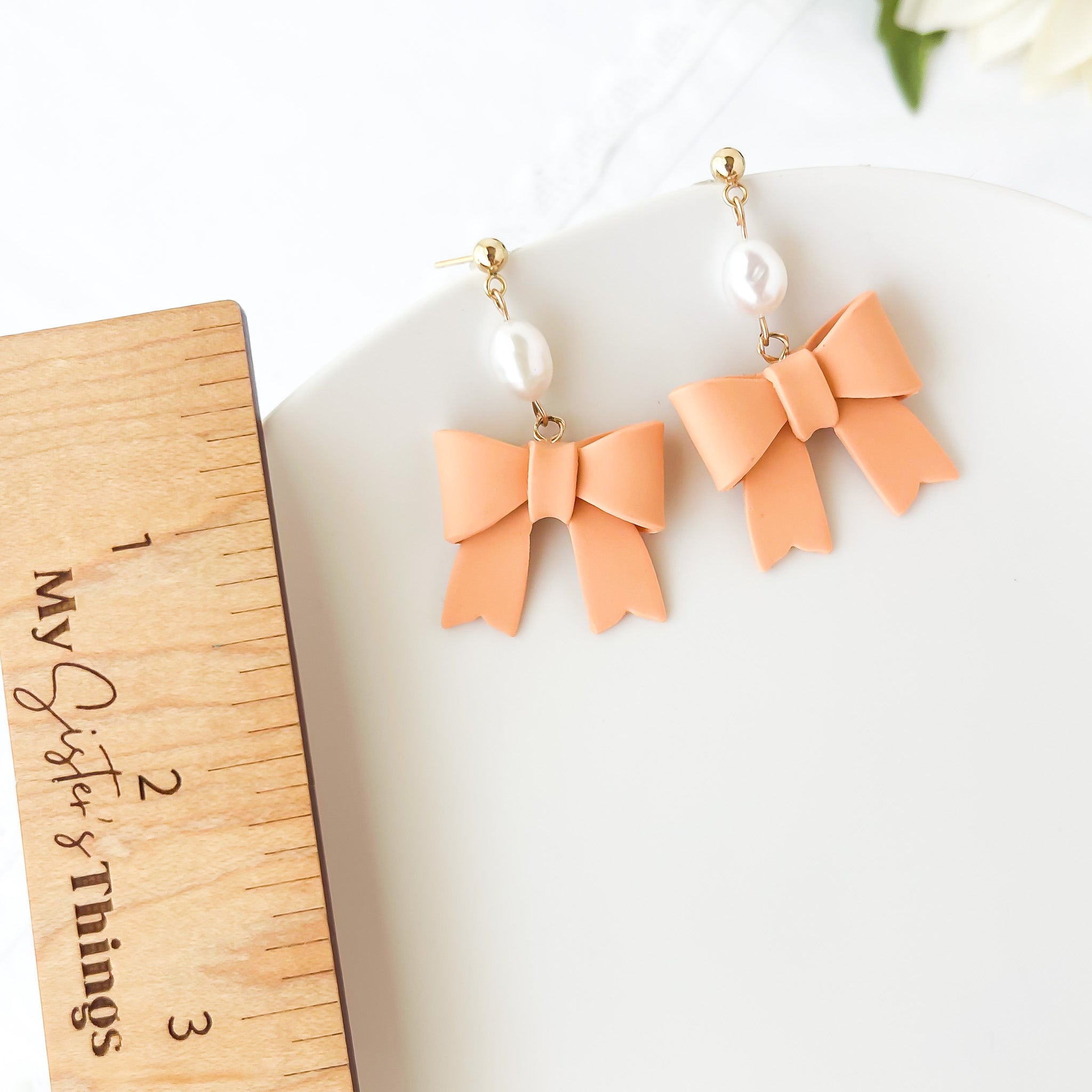 Peach Bow Dangle Earrings | Cute Polymer Clay Jewelry | Bow Clip-On Earrings For Women