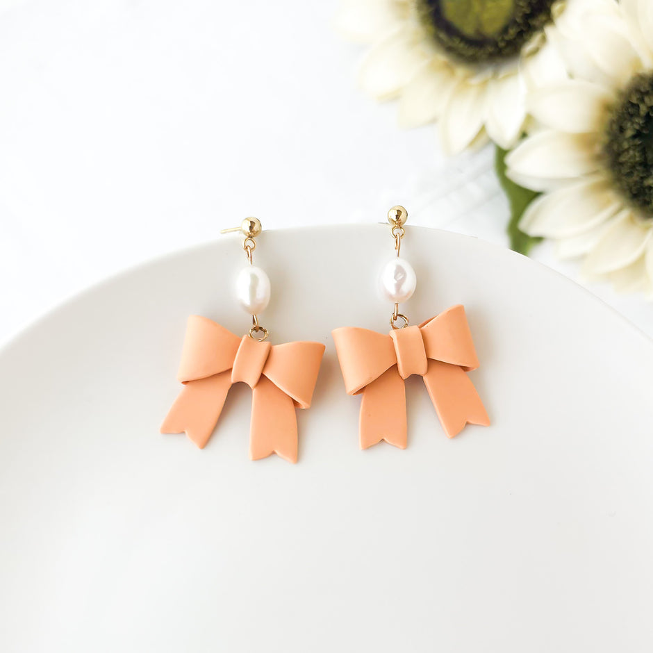 Peach Bow Dangle Earrings | Cute Polymer Clay Jewelry | Bow Clip-On Earrings For Women