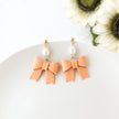 Peach Bow Dangle Earrings | Cute Polymer Clay Jewelry | Bow Clip-On Earrings For Women