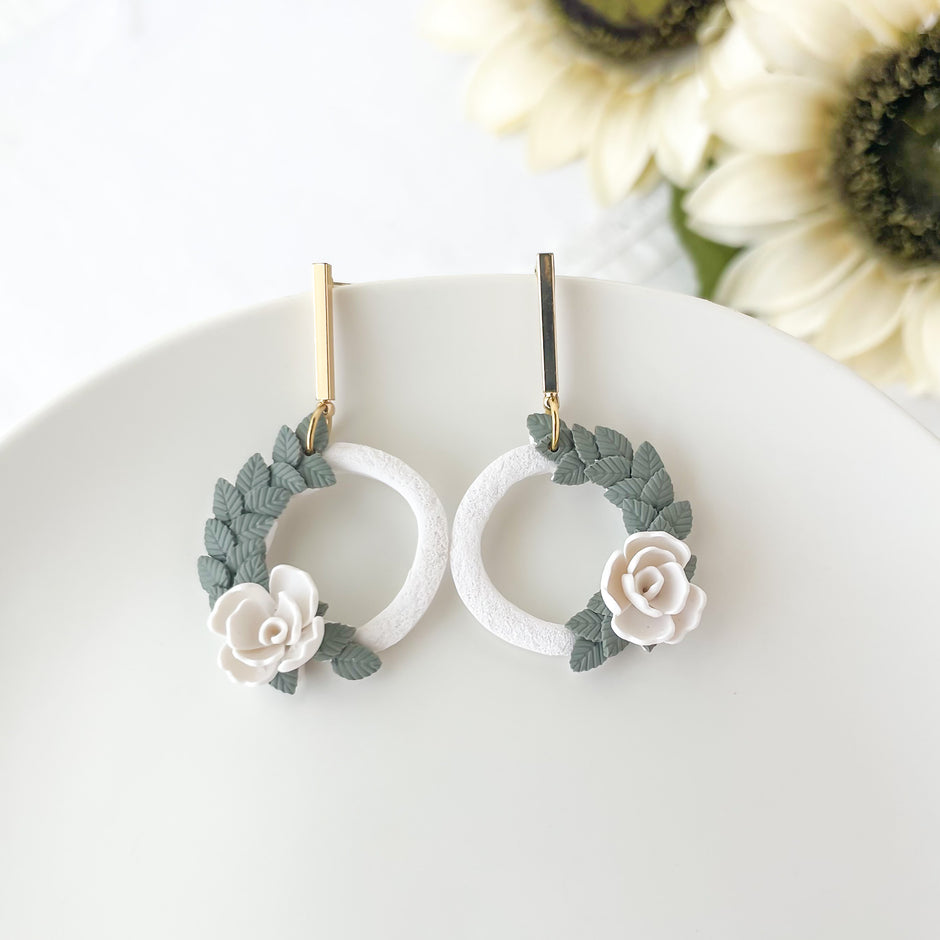 White Flower Wreath Dangle Earrings | Hypoallergenic Polymer Clay Jewelry | Lightweight Floral Clip-On Earrings