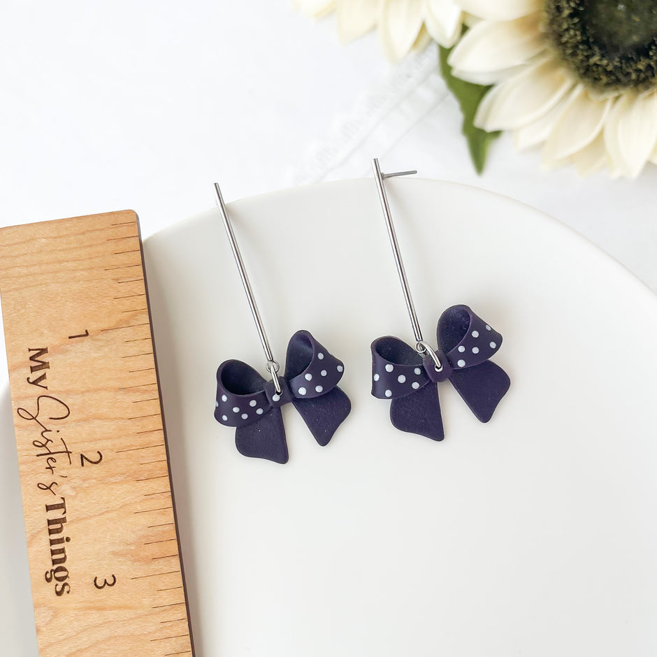 Purple Bow Dangle Earrings | Cute Polymer Clay Jewelry | Hypoallergenic Bow Earrings For Women