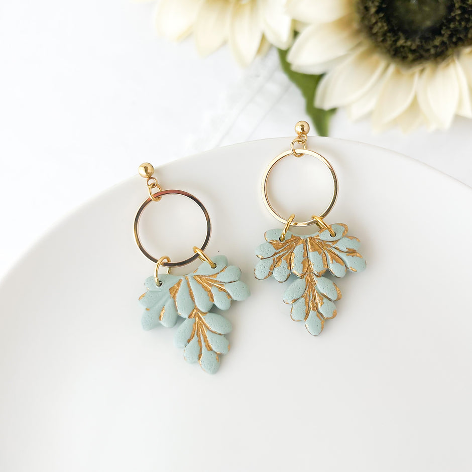 Morgan | Handmade Leafy Dangle Earrings | Lightweight Polymer Clay Statement Jewelry | Boho Chic Clip-On Earrings