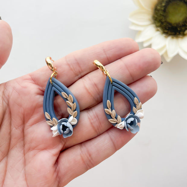 Blue Floral Dangle Earrings | Polymer Clay Lightweight Jewelry | Handmade Hypoallergenic Earrings | Clip-On Earrings Option