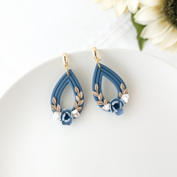 Blue Floral Dangle Earrings | Polymer Clay Lightweight Jewelry | Handmade Hypoallergenic Earrings | Clip-On Earrings Option