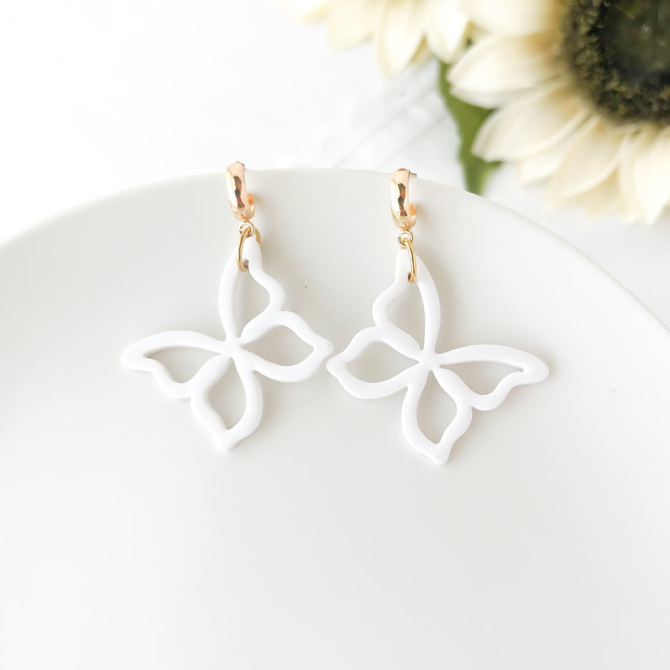 Butterfly Dangle Earrings | Lightweight Statement Clay Jewelry | Boho Chic Clip-On Earrings