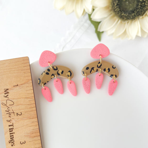 Funky Leopard in Pink Dangle Earrings | Lightweight Polymer Clay Jewelry | Clip-On Earring Options
