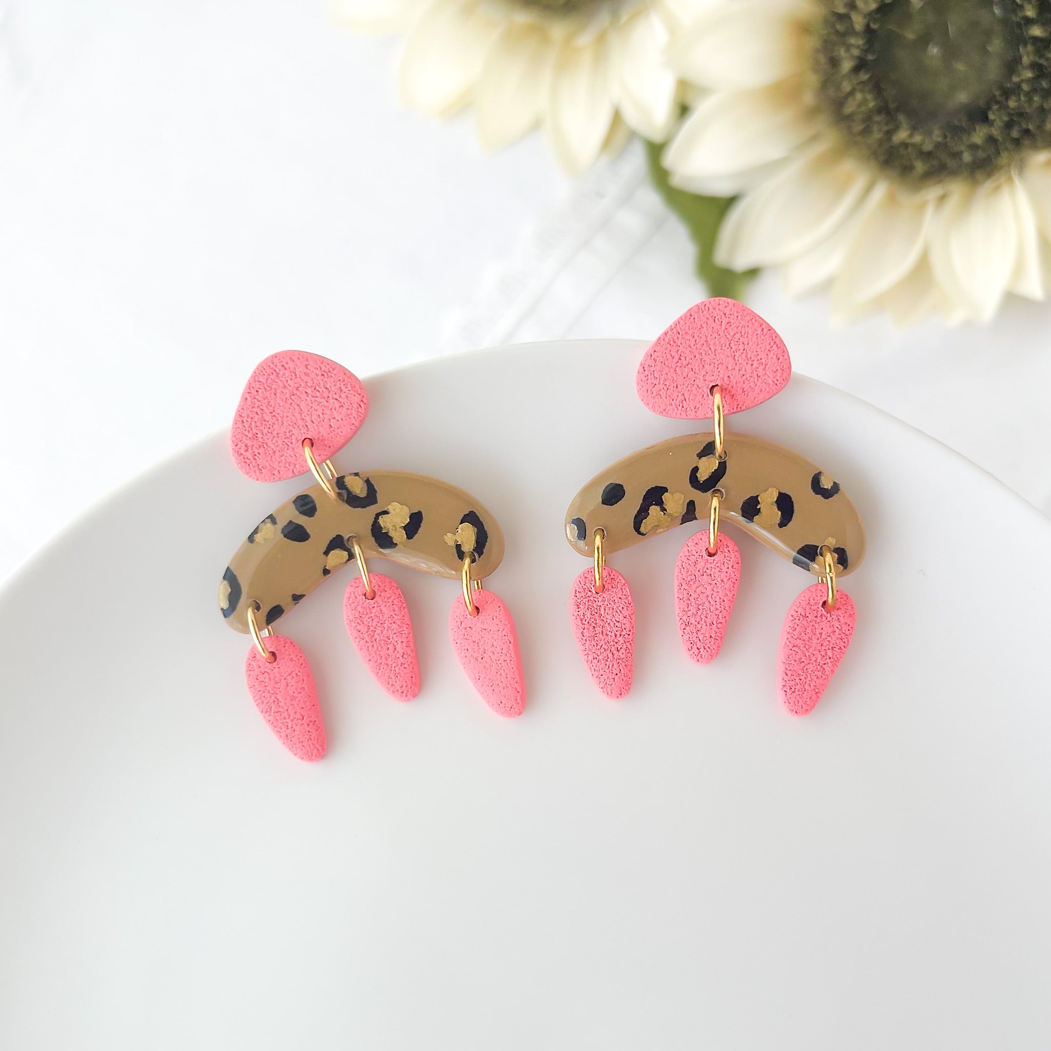 Funky Leopard in Pink Dangle Earrings | Lightweight Polymer Clay Jewelry | Clip-On Earring Options