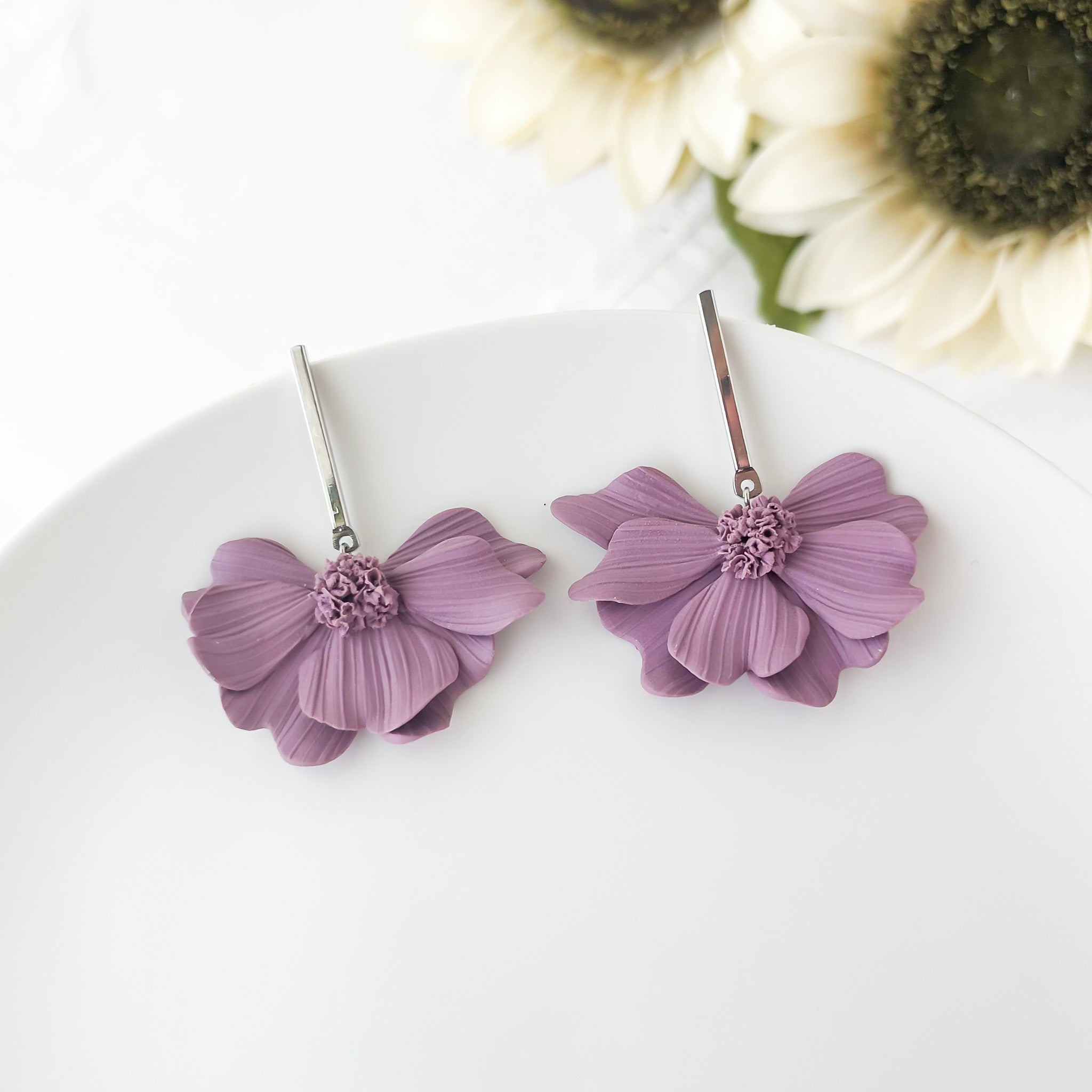 Purple Flower Statement Earrings | Lightweight Polymer Clay Jewelry | Handmade Floral Clip-On Earrings