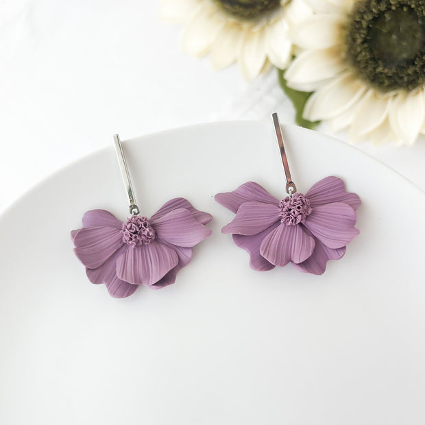 Purple Flower Statement Earrings | Lightweight Polymer Clay Jewelry | Handmade Floral Clip-On Earrings