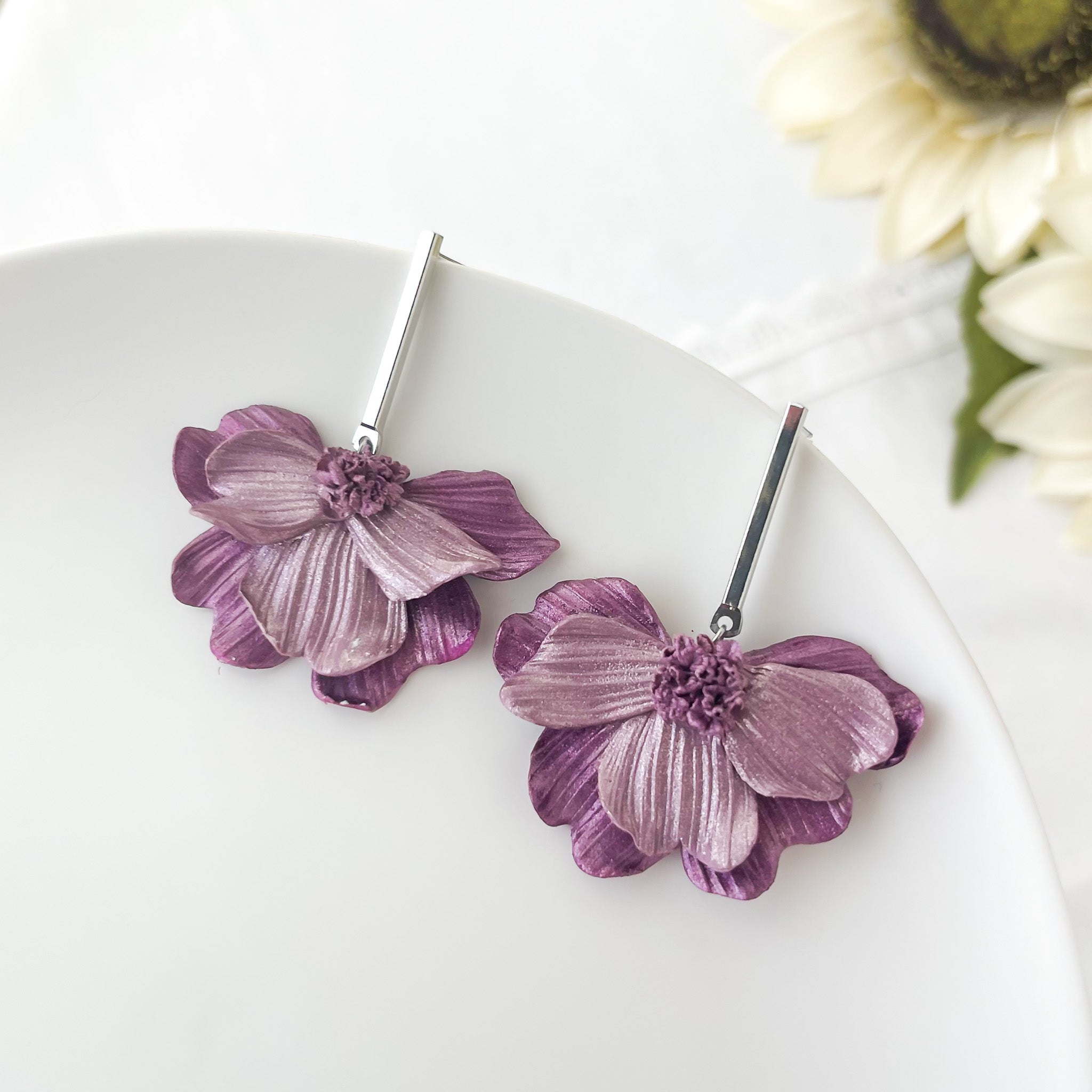 Purple Flower Statement Earrings | Lightweight Polymer Clay Jewelry | Handmade Floral Clip-On Earrings
