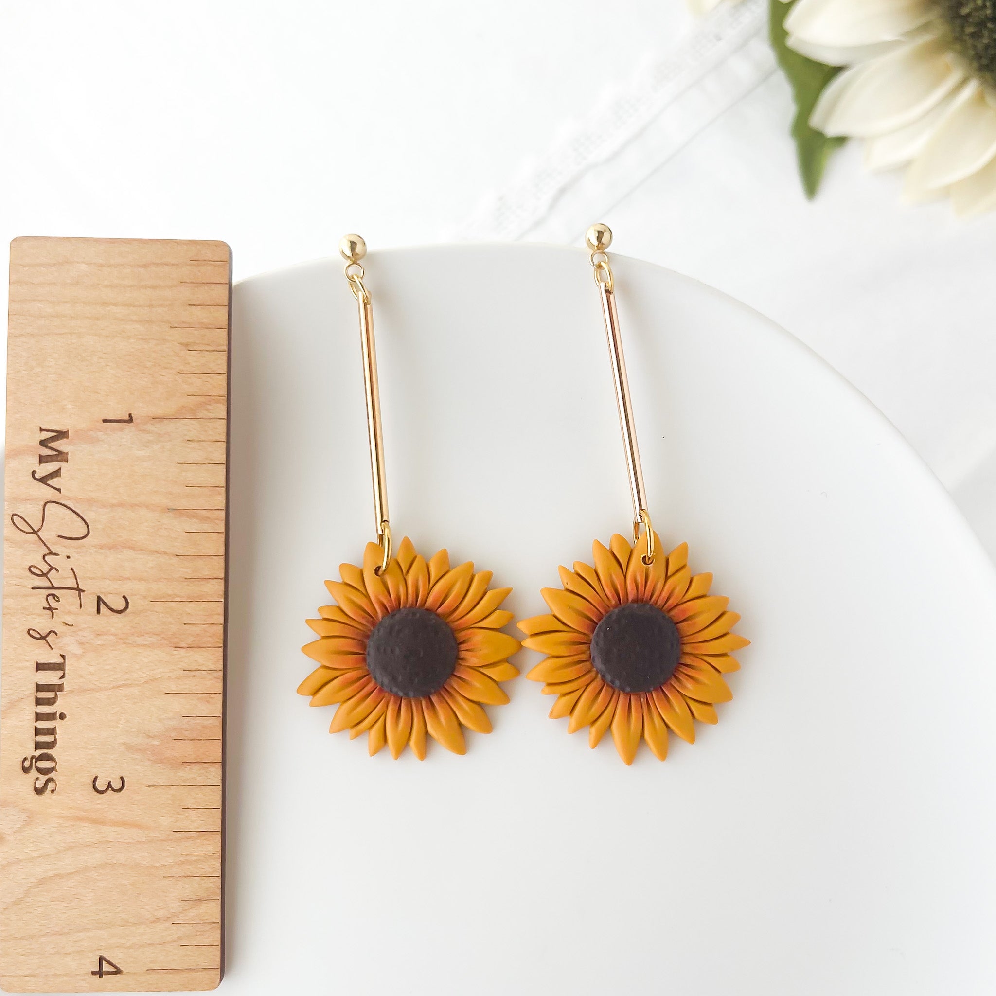 Sunflower Statement Dangle Earrings | Handmade Boho Chic Polymer Clay Jewelry | Lightweight Sunflower Cap-On Earrings For Women