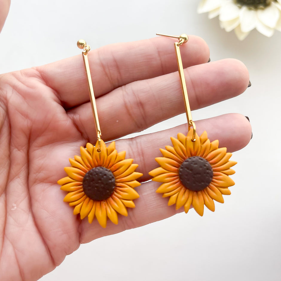 Sunflower Statement Dangle Earrings | Handmade Boho Chic Polymer Clay Jewelry | Lightweight Sunflower Cap-On Earrings For Women