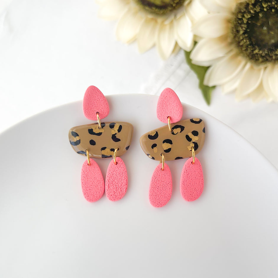 Leopard in Pink Dangle Earrings | Lightweight Polymer Clay Jewelry | Clip-On Earring Options