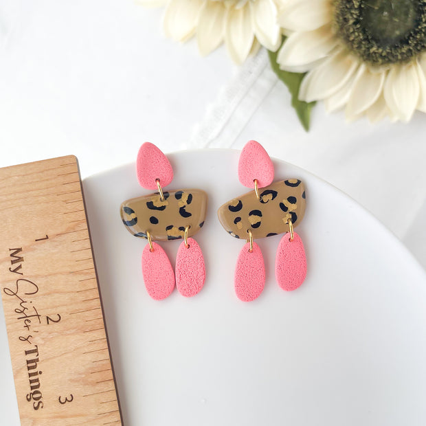 Leopard in Pink Dangle Earrings | Lightweight Polymer Clay Jewelry | Clip-On Earring Options