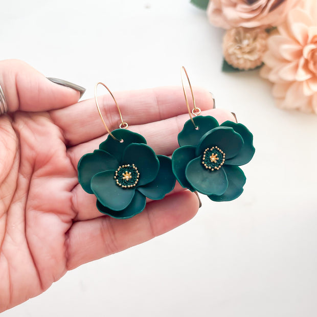 Dark Forrest Green Flower Earrings | Lightweight Polymer Clay Large Flower Statement Earrings | Clip-On Option