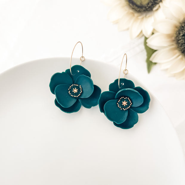 Dark Forrest Green Flower Earrings | Lightweight Polymer Clay Large Flower Statement Earrings | Clip-On Option