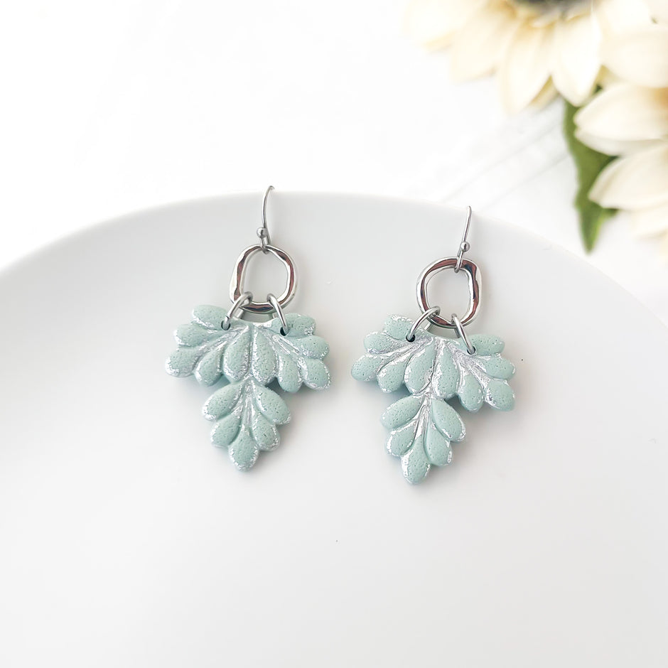 Harper | Silver Leafy Dangle Earrings | Lightweight Statement Clay Jewelry | Boho Chic Clip-On Earrings