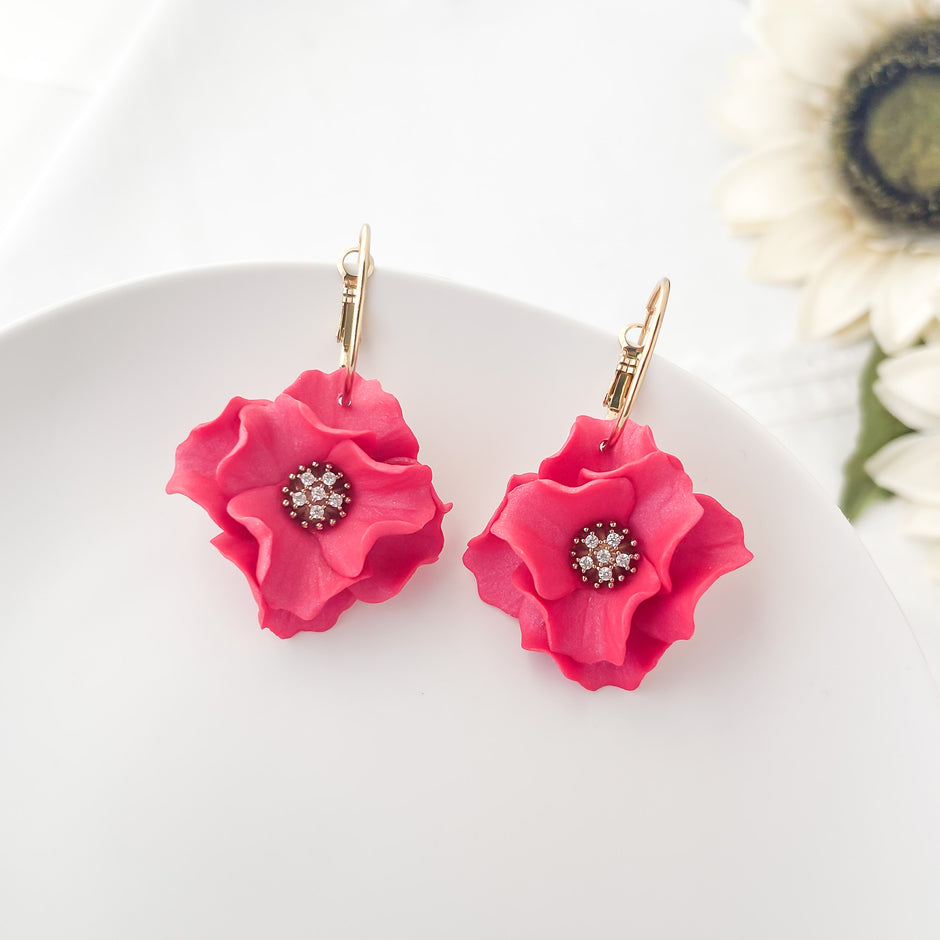 Pink Large Flower Statement Earrings | Lightweight Polymer Clay | Clip-On Earrings Option