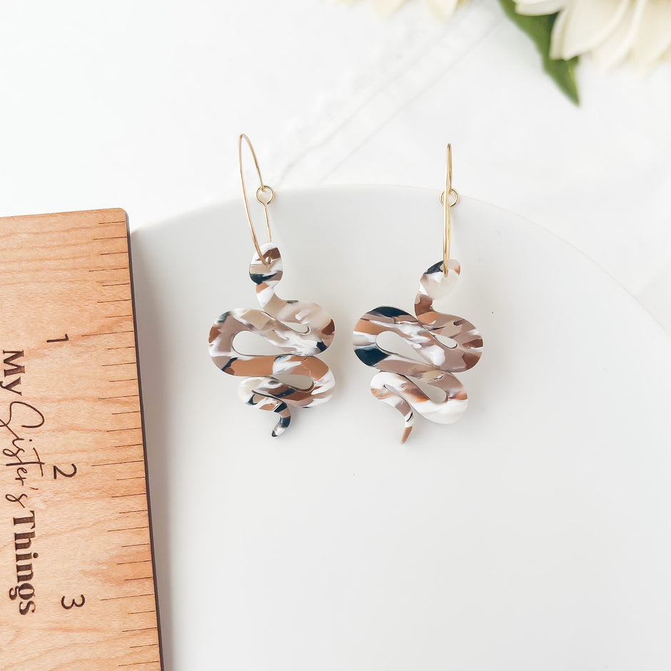 Marble Snake Dangle Earrings | Lightweight Polymer Clay |Surgical Steel For Sensitive Ears | Clip-On Option