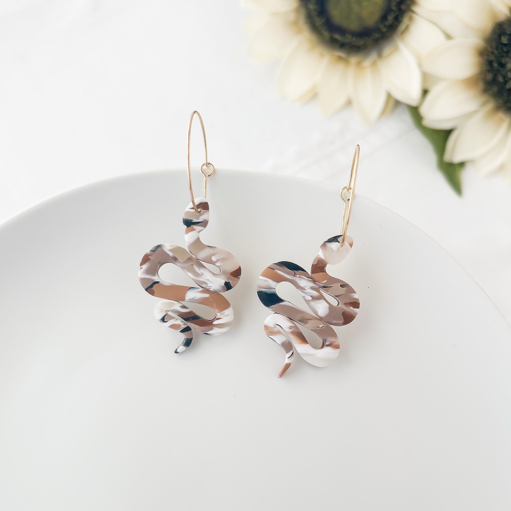 Marble Snake Dangle Earrings | Lightweight Polymer Clay |Surgical Steel For Sensitive Ears | Clip-On Option