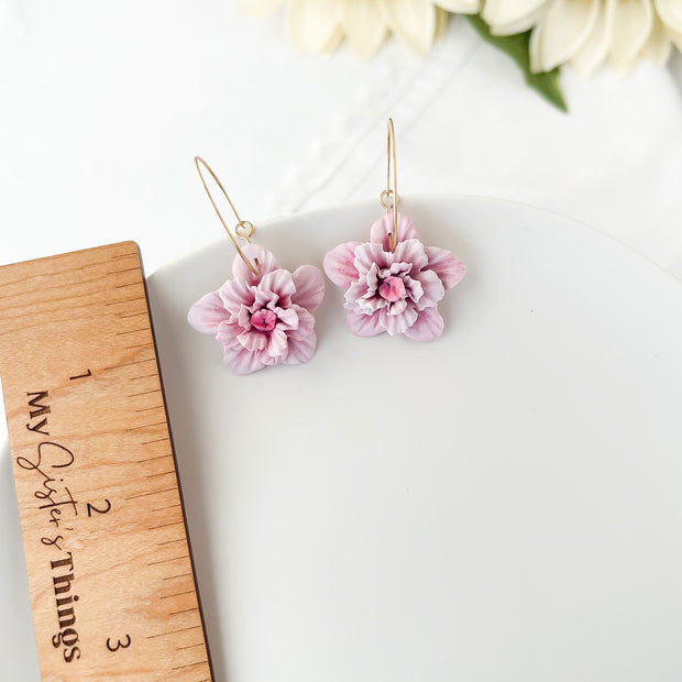 Pink Flower Hoop Earrings | Lightweight Polymer Clay Jewelry | Boho Chic Clip-On Earrings