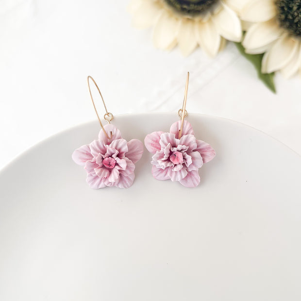 Pink Flower Hoop Earrings | Lightweight Polymer Clay Jewelry | Boho Chic Clip-On Earrings