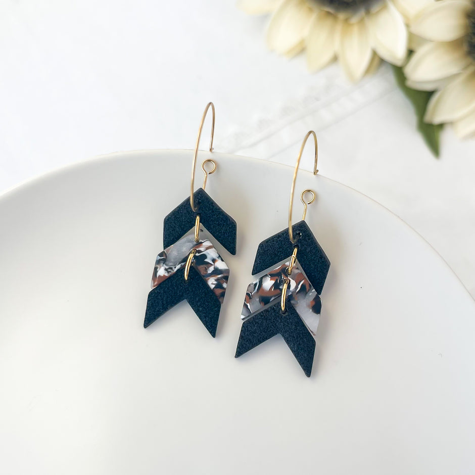Marbled Arrow Hoop Earrings | Boho Chic Polymer Clay Jewelry | Clip-On Earrings Option