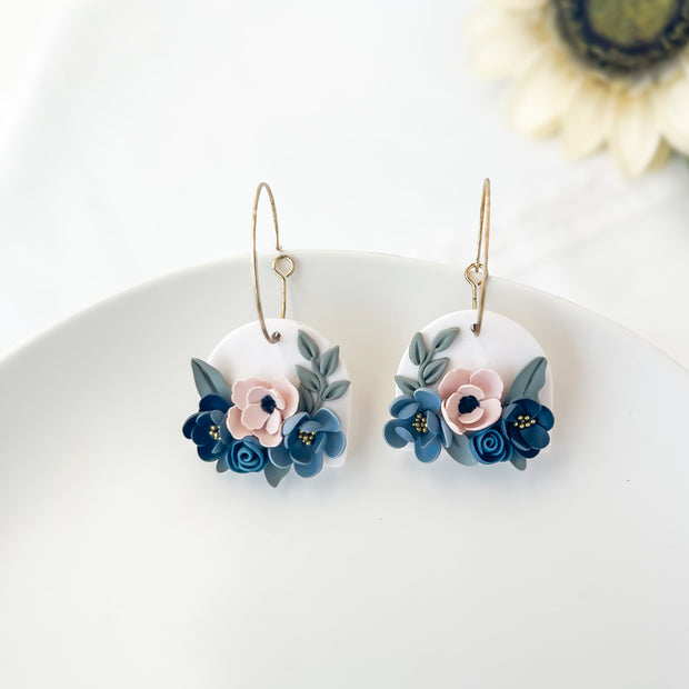 Flower Dangle Hoop Earrings | Lightweight Polymer Clay Statement Jewelry | Boho Chic Clip-On Earrings Option