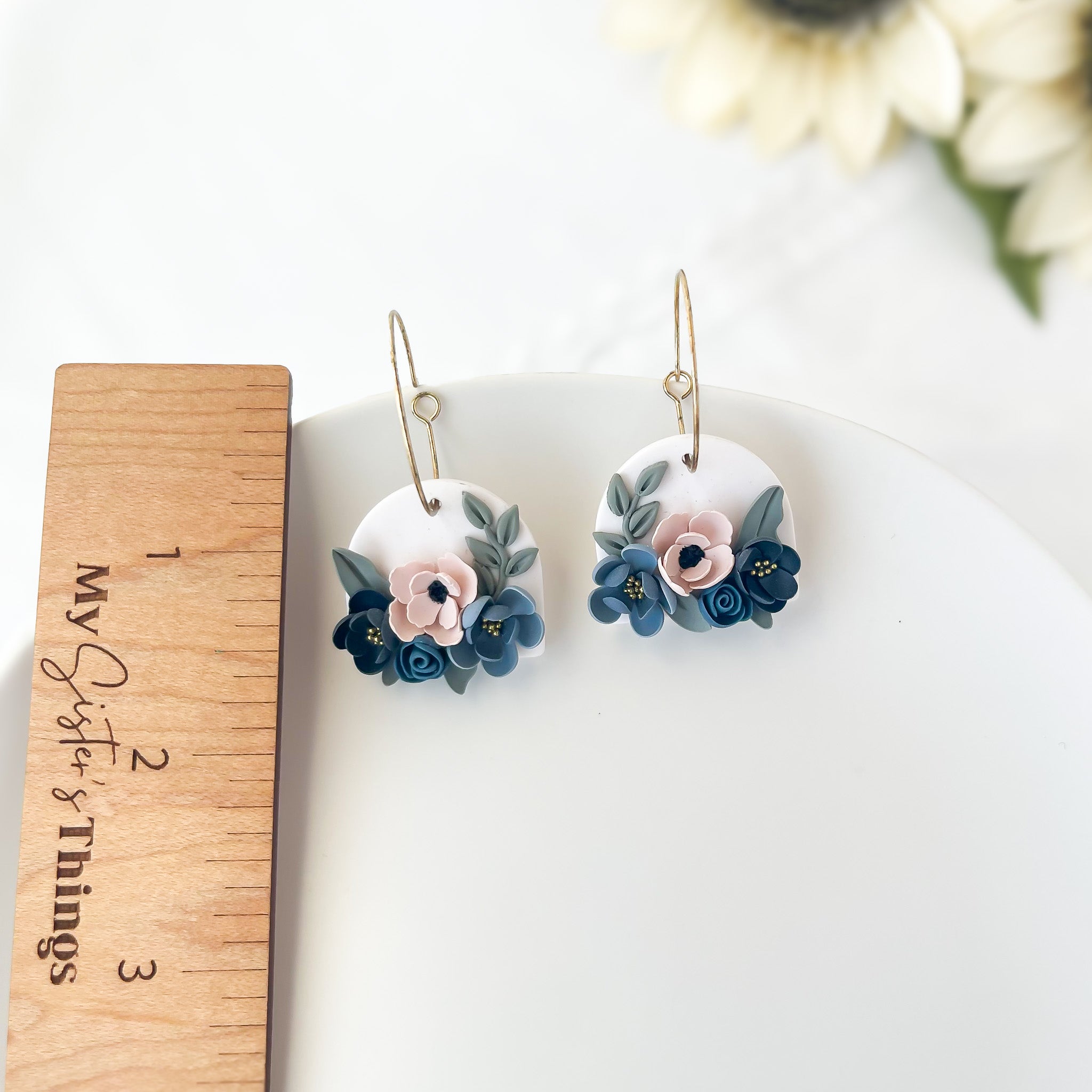Flower Dangle Hoop Earrings | Lightweight Polymer Clay Statement Jewelry | Boho Chic Clip-On Earrings Option