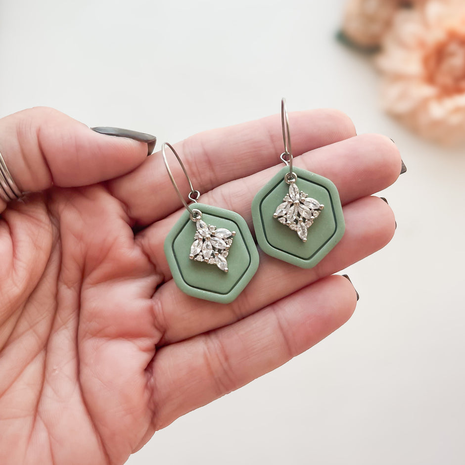 Shimmery Green Geometric Dangle Earrings | Lightweight Polymer Clay Jewelry | Clip-On Earring Option