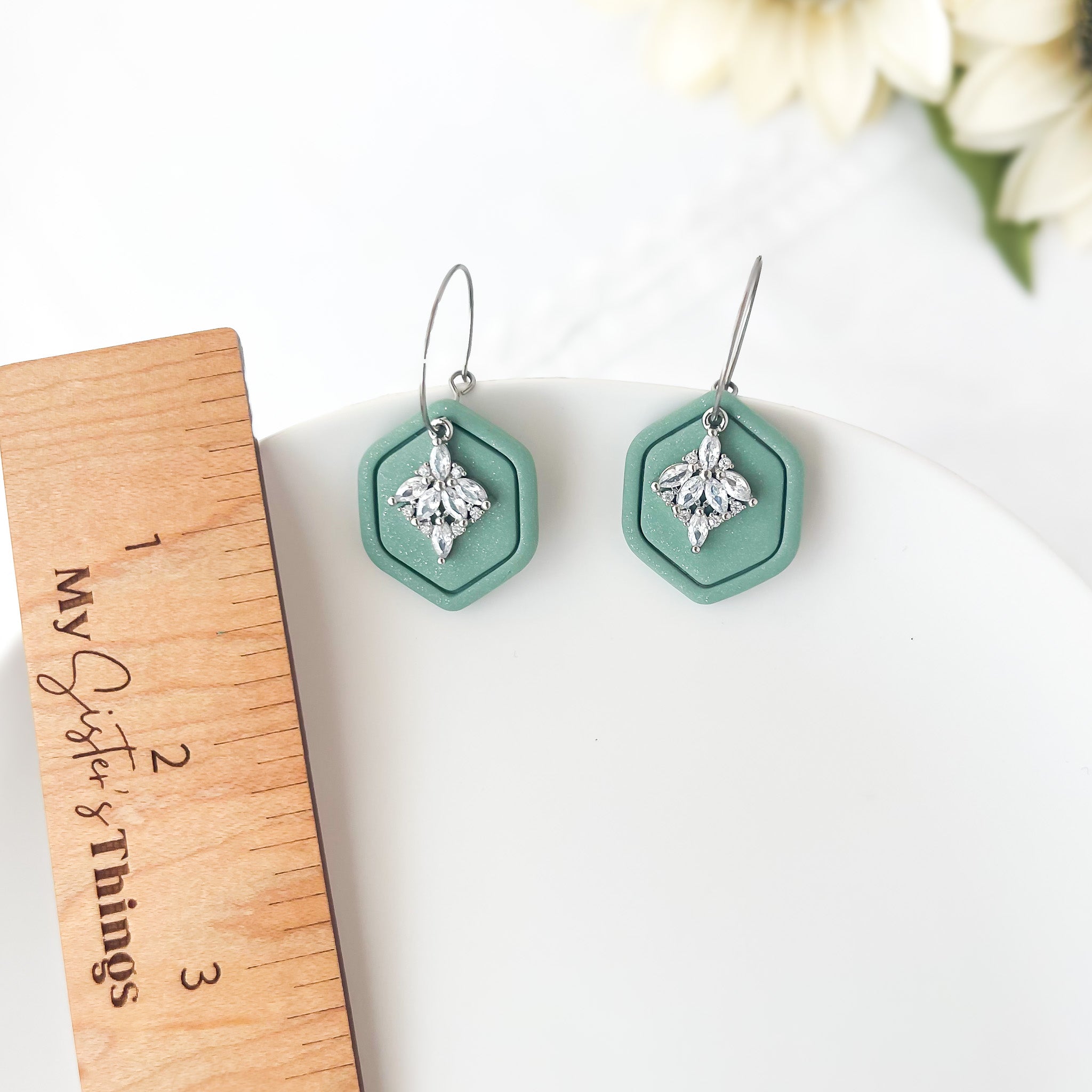 Shimmery Green Geometric Dangle Earrings | Lightweight Polymer Clay Jewelry | Clip-On Earring Option