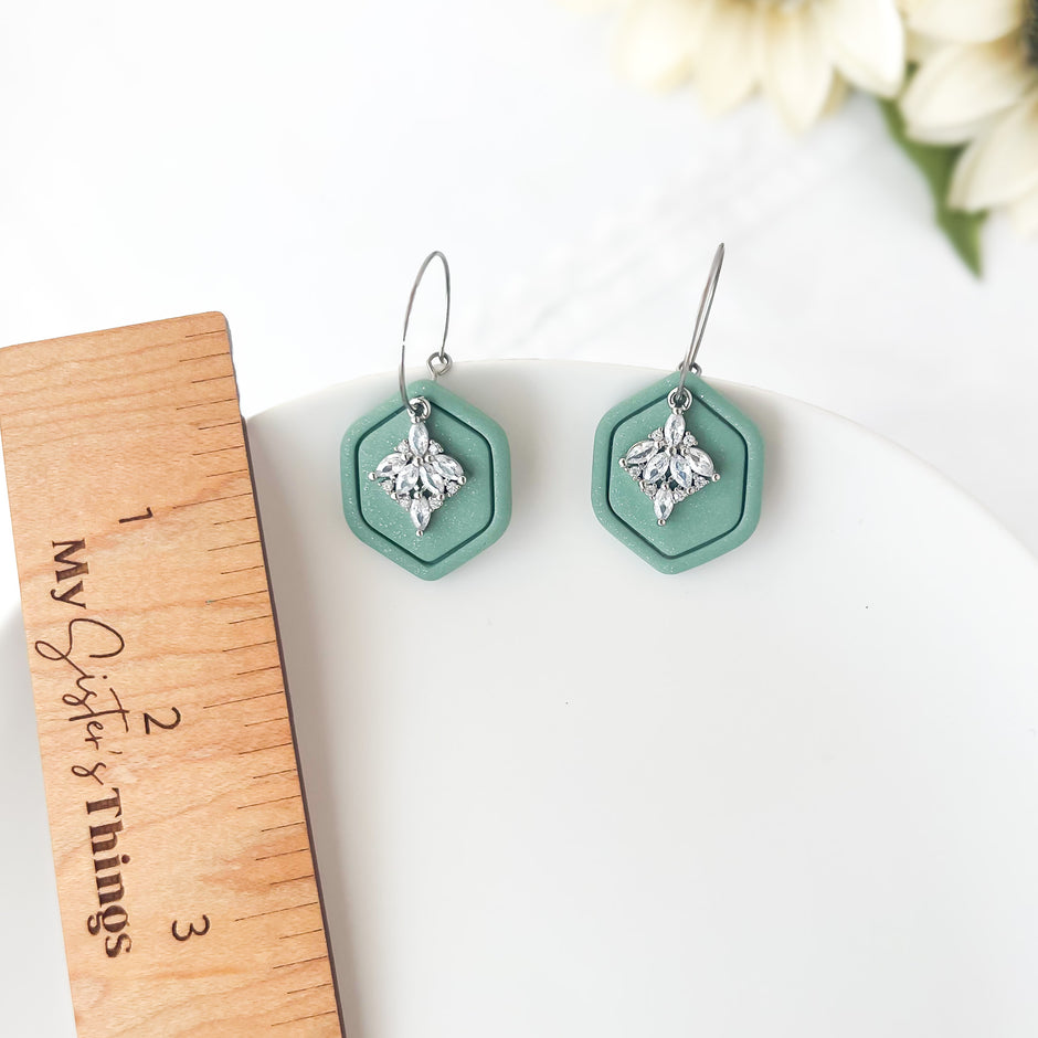 Shimmery Green Geometric Dangle Earrings | Lightweight Polymer Clay Jewelry | Clip-On Earring Option